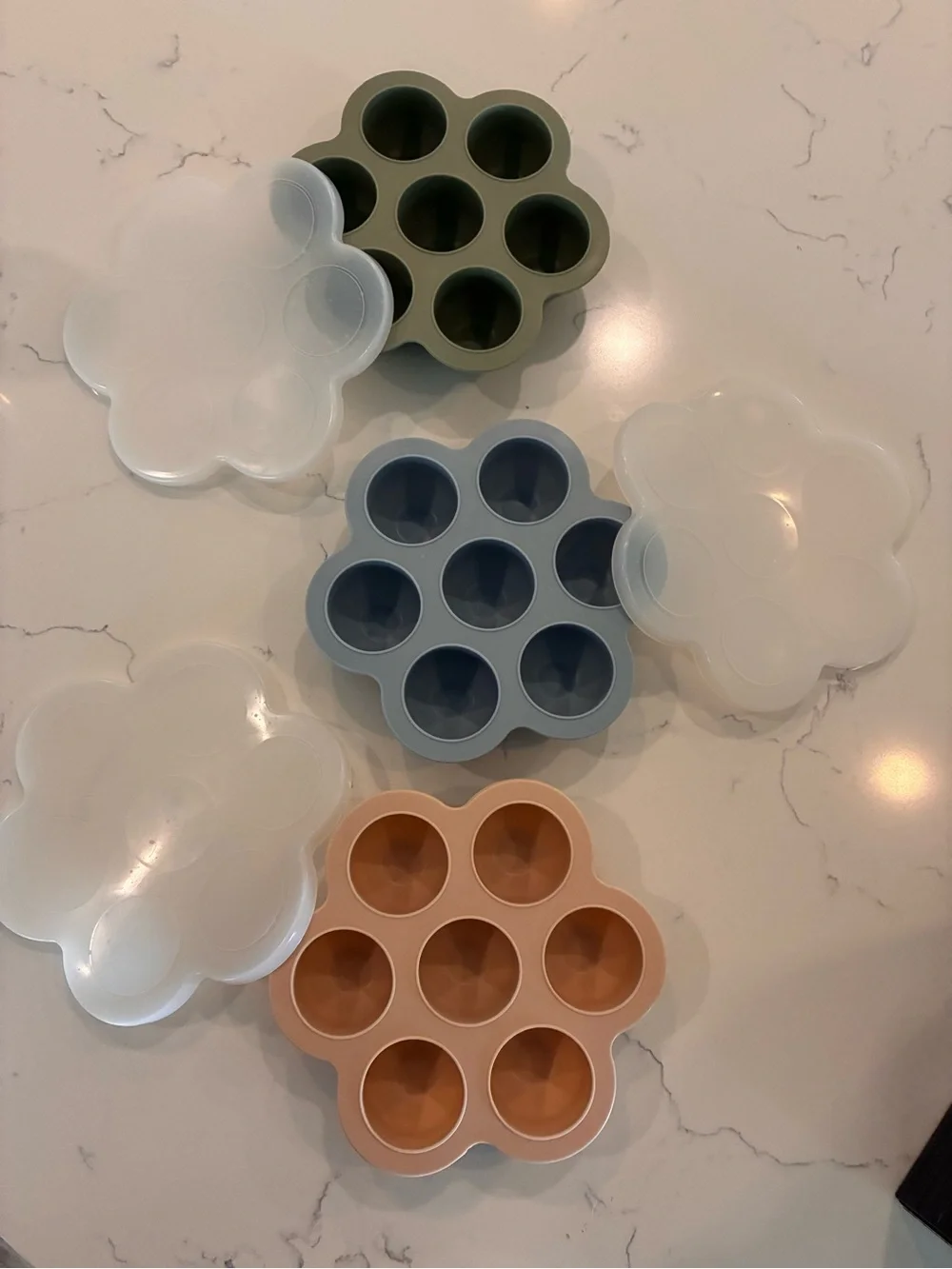 Silicone Flower Snack Mold Trio - Olive, Dusty Blue, Peach